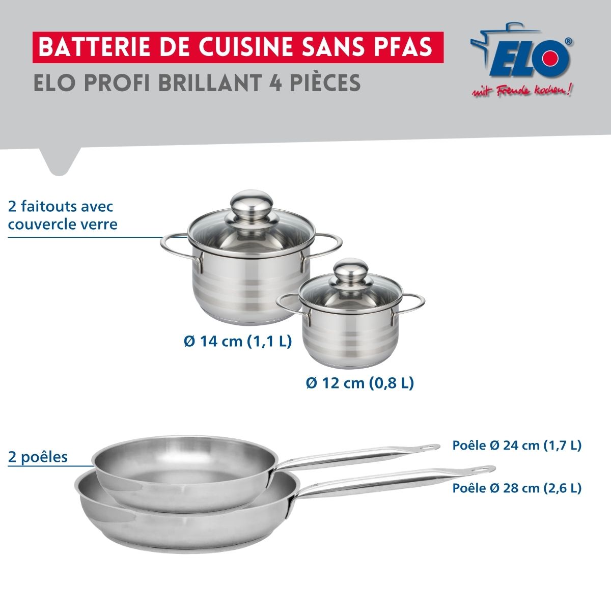 Ensemble de 2 Poêles de cuisson 24 et 28 cm et 2 faitouts 12 et 14 cm  Profi Brillant Elo - Mathon - 2