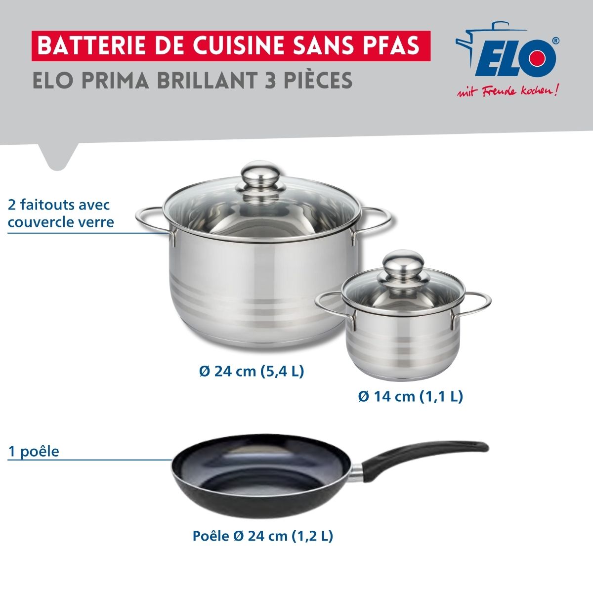 Ensemble de 1 Poêle de cuisson 24 cm et 2 faitouts 14 et 24 cm  Prima Brillant Elo - Mathon - 2