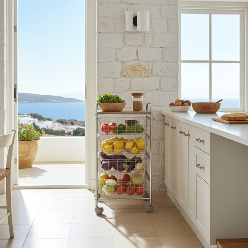 Desserte de cuisine, 4 paniers, plan de travail couleur bouleau texturé avec effet latté, nora Don Hierro - Mathon - 2