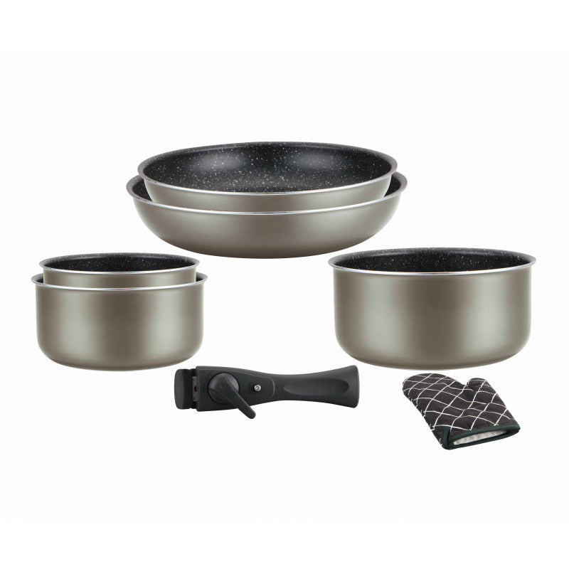 Batterie de cuisine revêtement pierre avec manche amovible 7 pièces carbonne Herzberg HG8053-CAR Herzberg - Mathon - 1