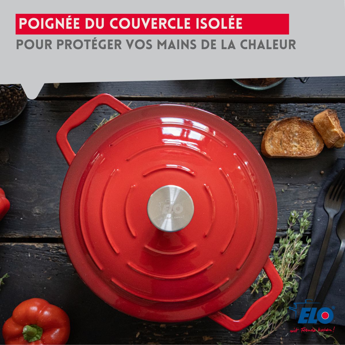 Cocotte en fonte émaillée 26 cm rouge cerise 4.5 L Elo - Mathon - 7