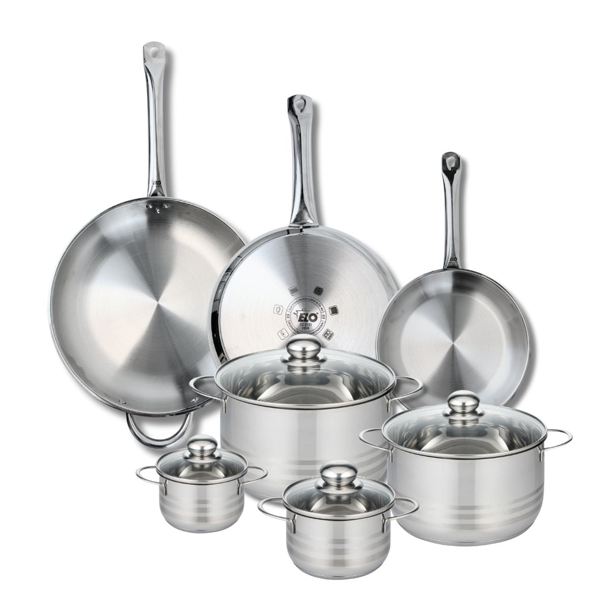 Ensemble de 3 Poêles de cuisson 24, 28 et 32 cm et 4 faitouts 12, 14, 20 et 24 cm  Profi Brillant Elo - Mathon - 1