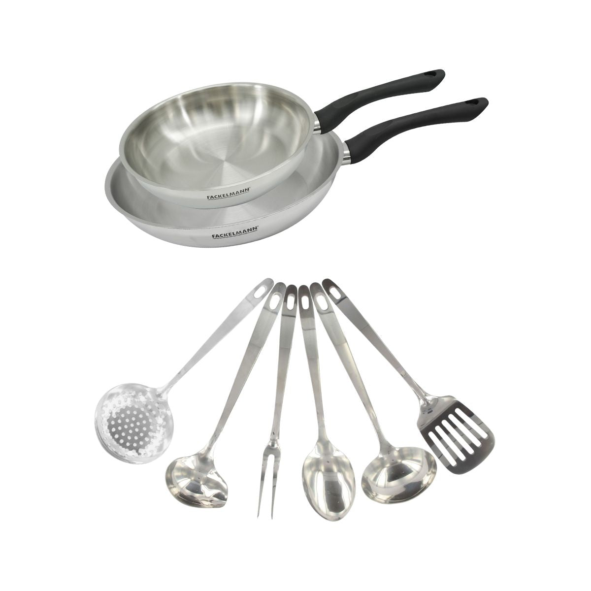 Set 2 poêles 24 et 28 cm en inox et 6 ustensiles inox  Geneva Fackelmann - Mathon - 1