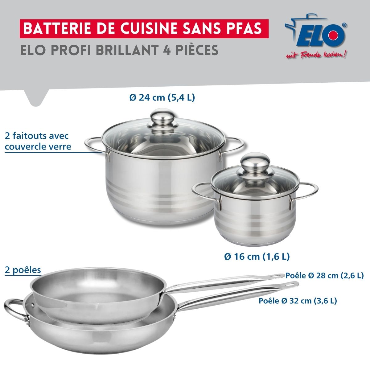 Ensemble de 2 Poêles de cuisson 28 et 32 cm et 2 faitouts 16 et 24 cm  Profi Brillant Elo - Mathon - 2