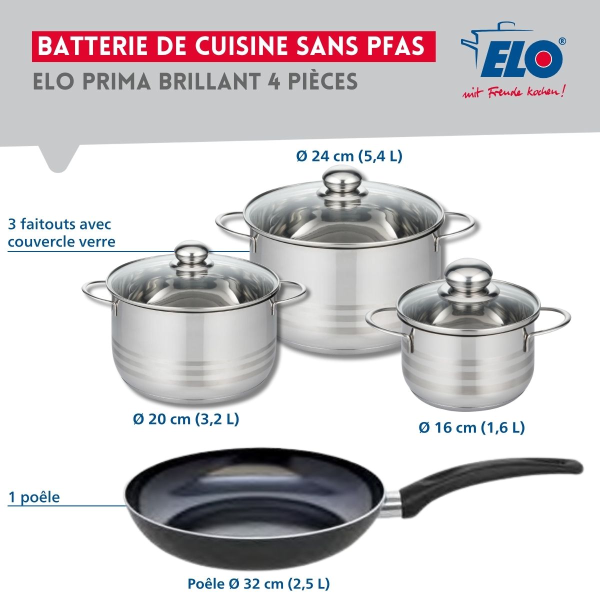 Ensemble de 1 Poêle de cuisson 32 cm et 3 faitouts 16, 20 et 24 cm  Prima Brillant Elo - Mathon - 2