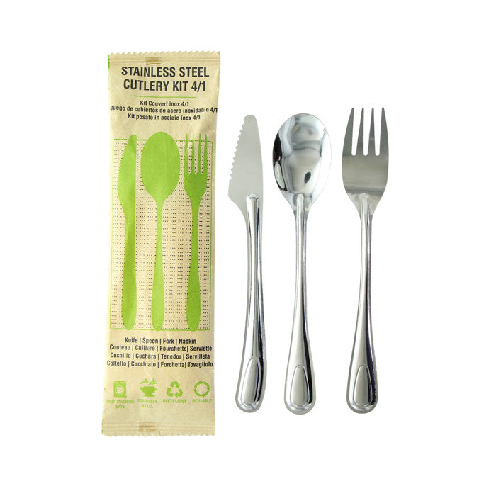 Kit couverts Noxcut en inox 4/1: couteau fourchette cuillère à soupe et serviette, emballage papier 210x60mm H15mm - 250 pièces FirstPack - Mathon