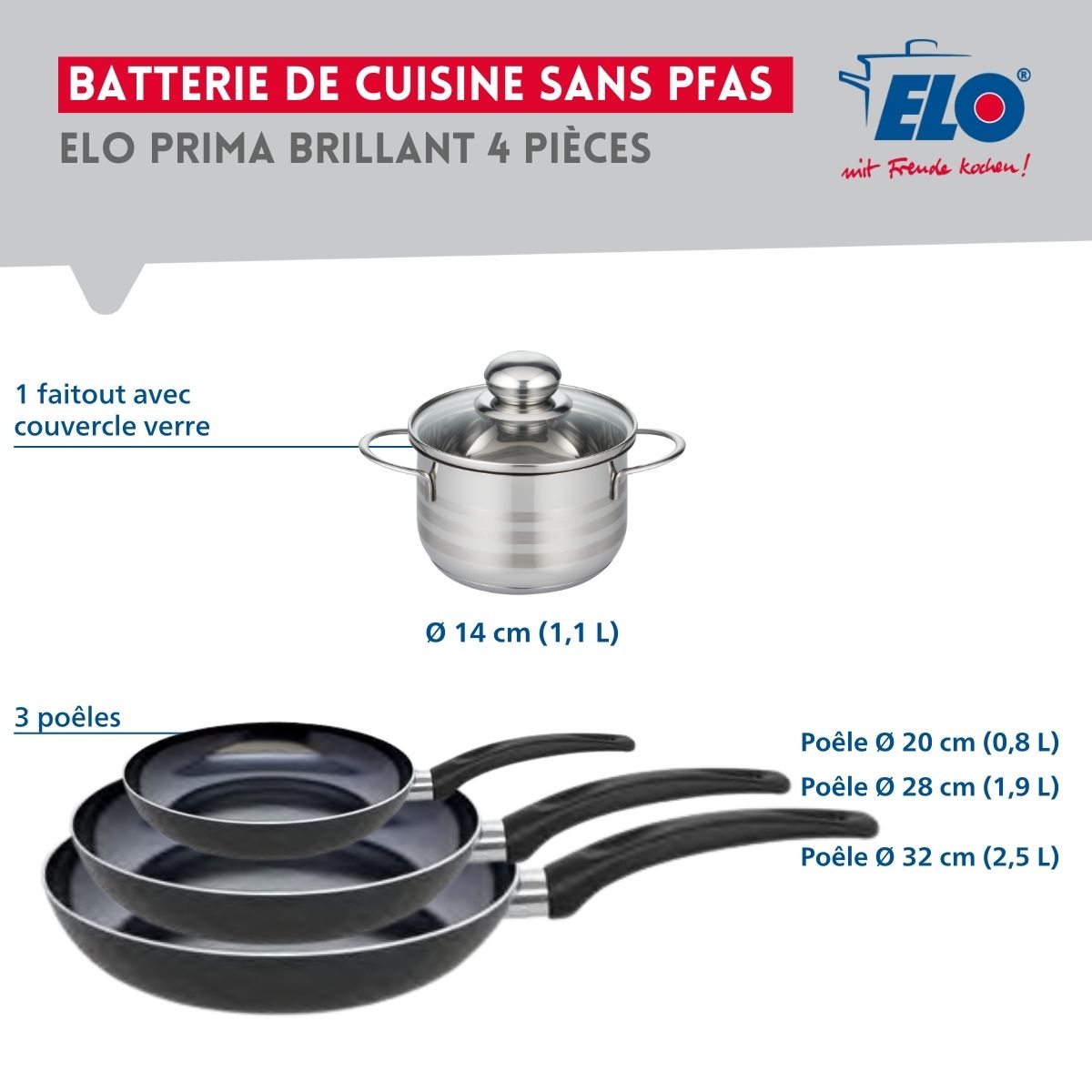 Ensemble de 3 Poêles de cuisson 20, 28 et 32 cm et 1 faitout 14 cm  Prima Brillant Elo - Mathon - 2