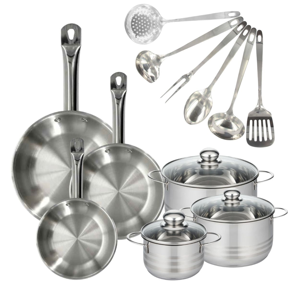 Set 3 poêles 20 24 et 28 cm en inox, 3 faitouts inox 16, 20 et 24 cm et 6 ustensiles inox  Eterna Fackelmann - Mathon - 1