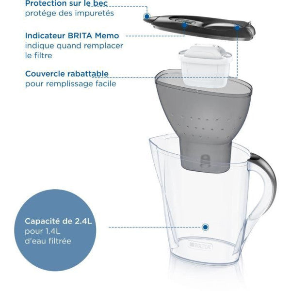 Carafe Filtrante Brita - Marella Graphite - Capacité 2,4l Dont 1,4l D