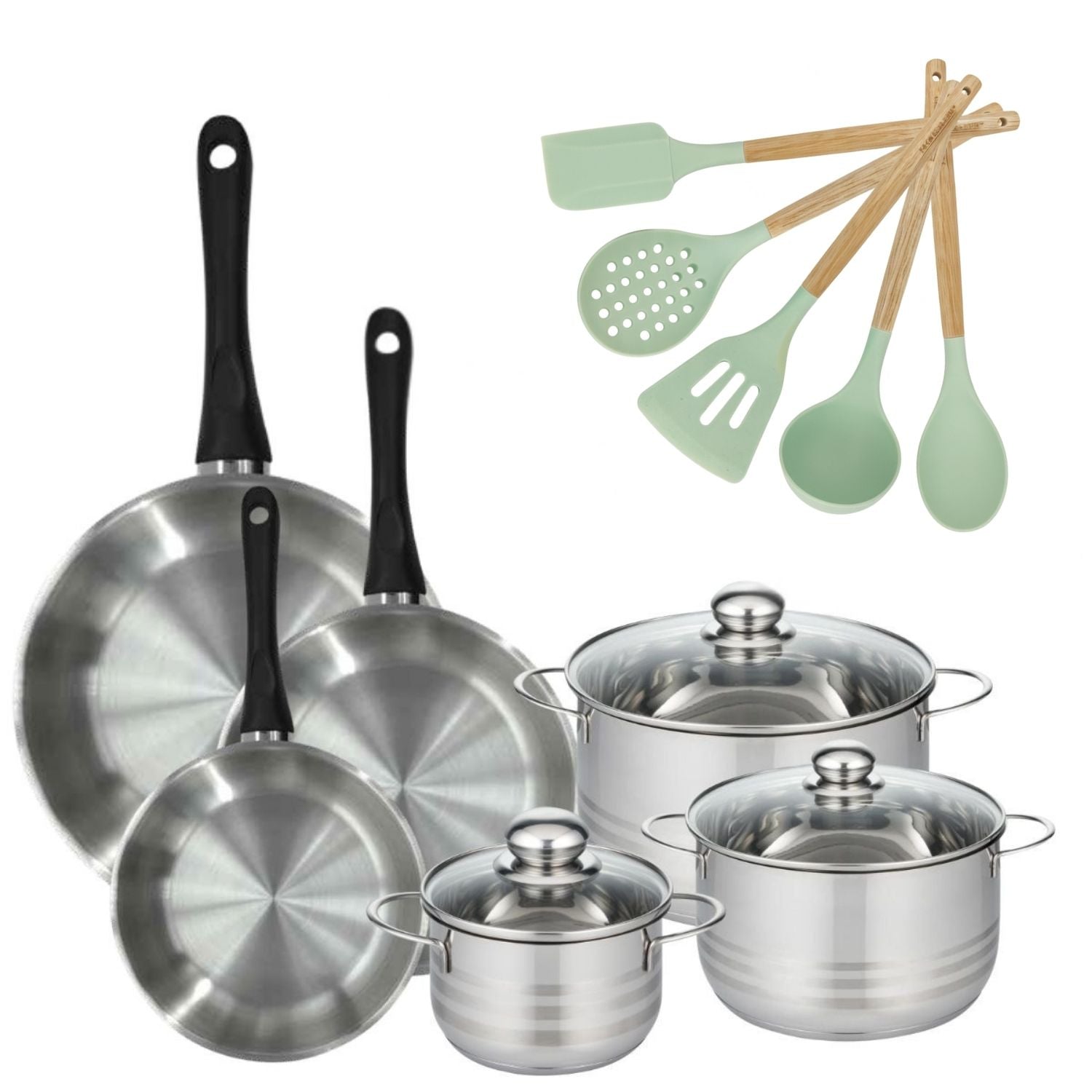 Lot de 3 Faitouts 16/20/24cm et 3 Poêles 20/24/28cm  Généva avec 5 ustensiles Fackelmann - Mathon - 1