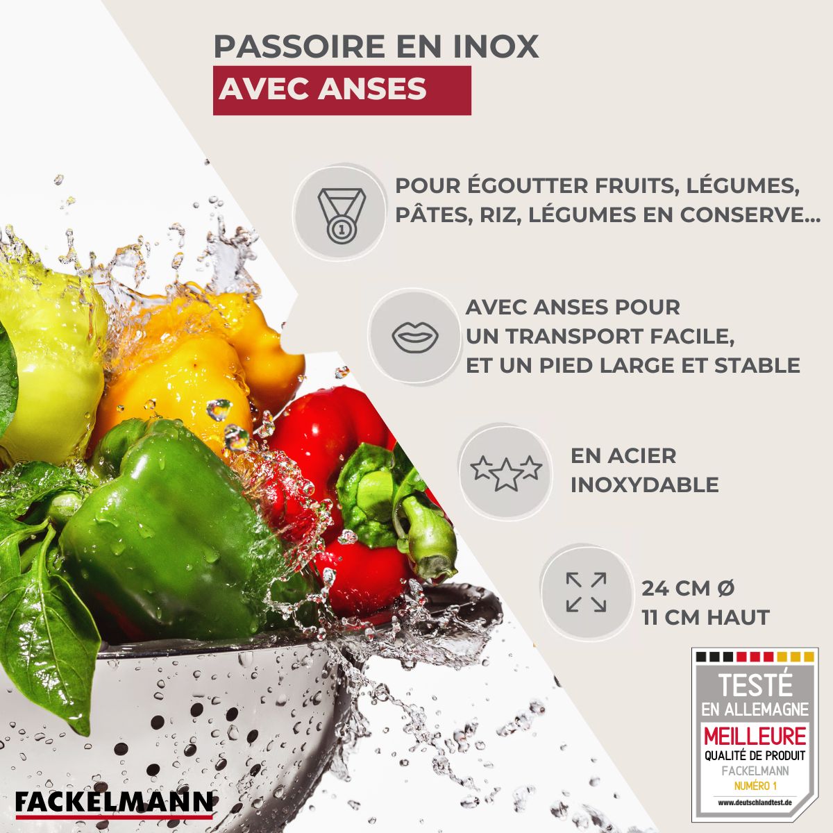 Ensemble de 2 Passoires inox 24 cm avec anses Fackelmann - Mathon - 3