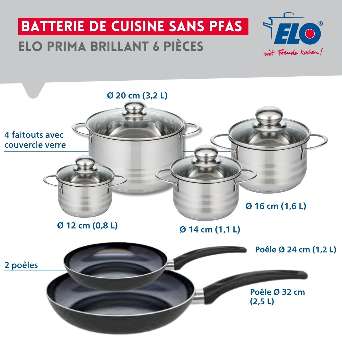 Ensemble de 2 Poêles de cuisson 24 et 32 cm et 4 faitouts 12, 14, 16 et 20 cm  Prima Brillant Elo - Mathon - 2