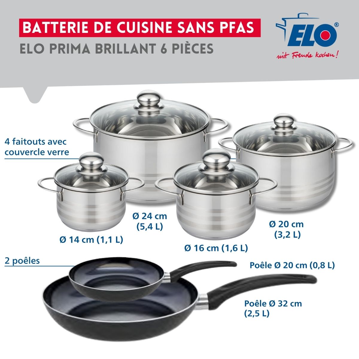 Ensemble de 2 Poêles de cuisson 20 et 32 cm et 4 faitouts 14, 16, 20 et 24 cm  Prima Brillant Elo - Mathon - 2