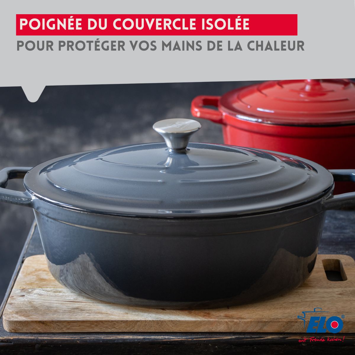 Cocotte ovale en fonte émaillée 33 cm gris classique 5 L Elo - Mathon - 7