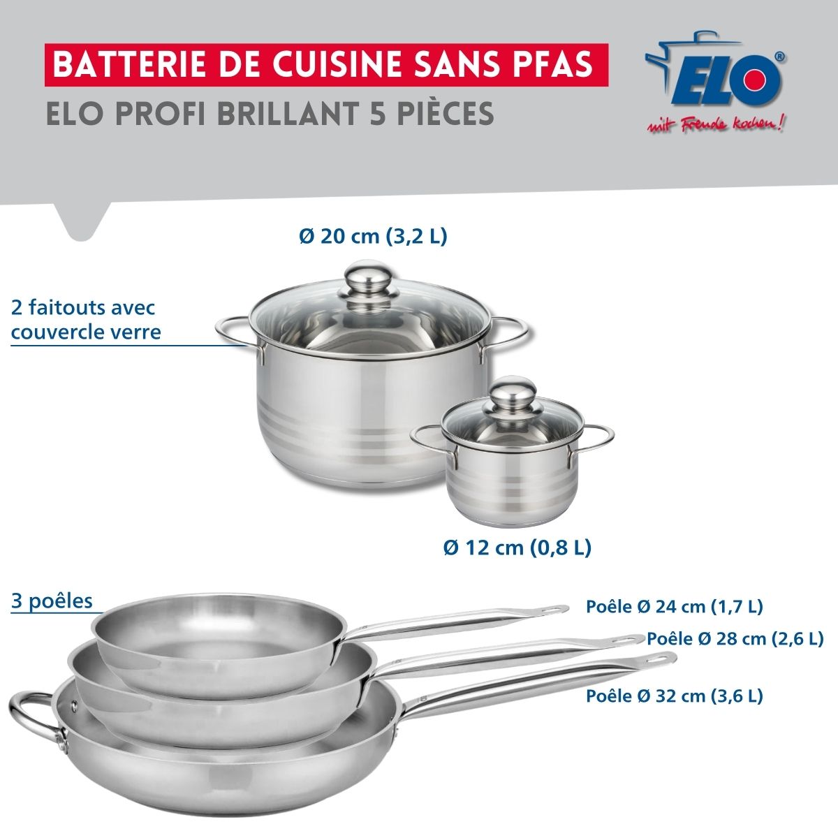 Ensemble de 3 Poêles de cuisson 24, 28 et 32 cm et 2 faitouts 12 et 20 cm  Profi Brillant Elo - Mathon - 2