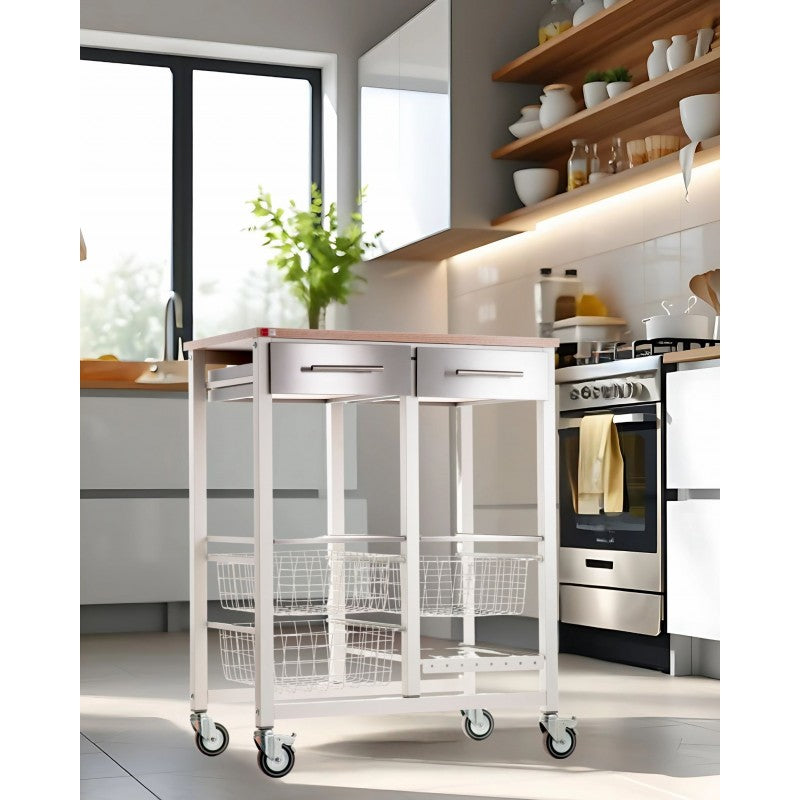 Desserte de cuisine double, Série ONDA DOUBLE, couleurs: Blanc-Inox-Bois d