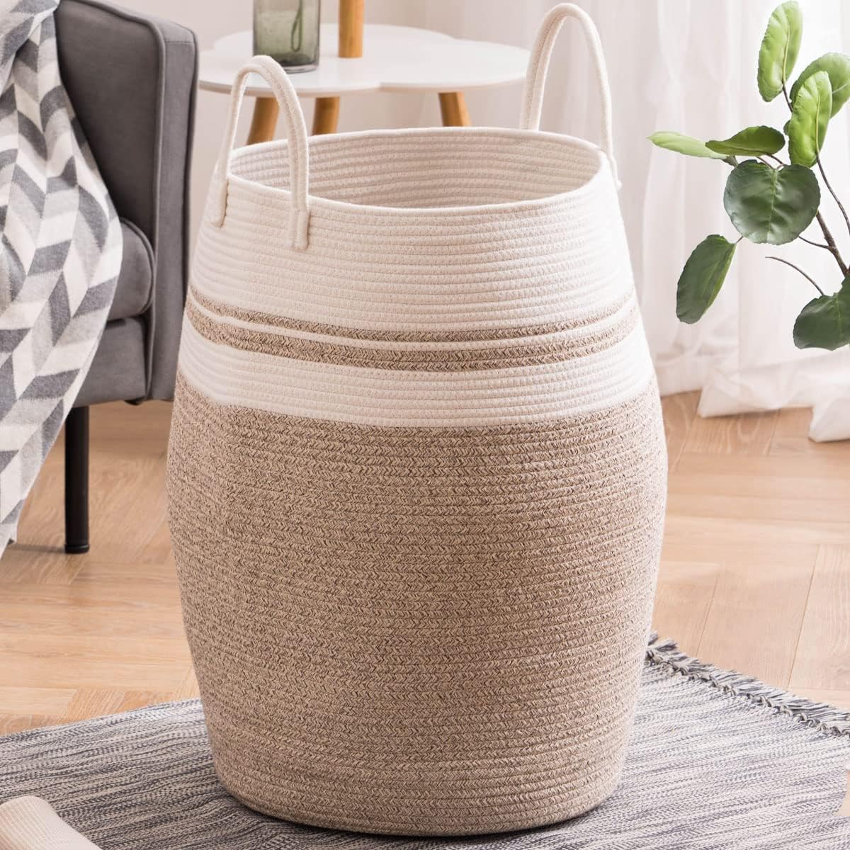 Panier à linge en coton tressé marron – 65 cm Vendos85 - Mathon