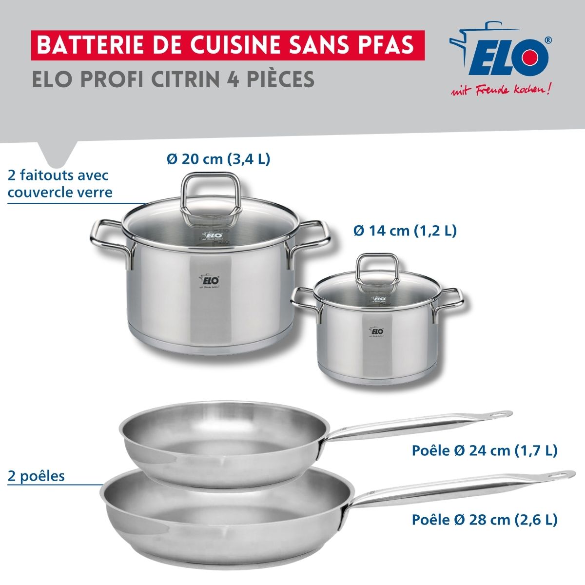 Set de 2 Poêles de cuisson 24 et 28 cm et 2 faitouts 14 et 20 cm  Profi Citrin Elo - Mathon - 2