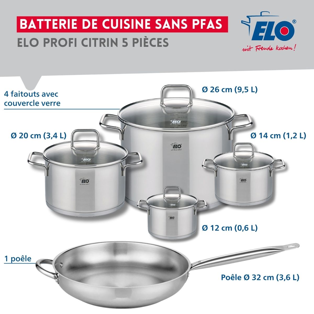 Set de 1 Poêle de cuisson 32 cm et 4 faitouts 12, 14, 20 et 26 cm  Profi Citrin Elo - Mathon - 2