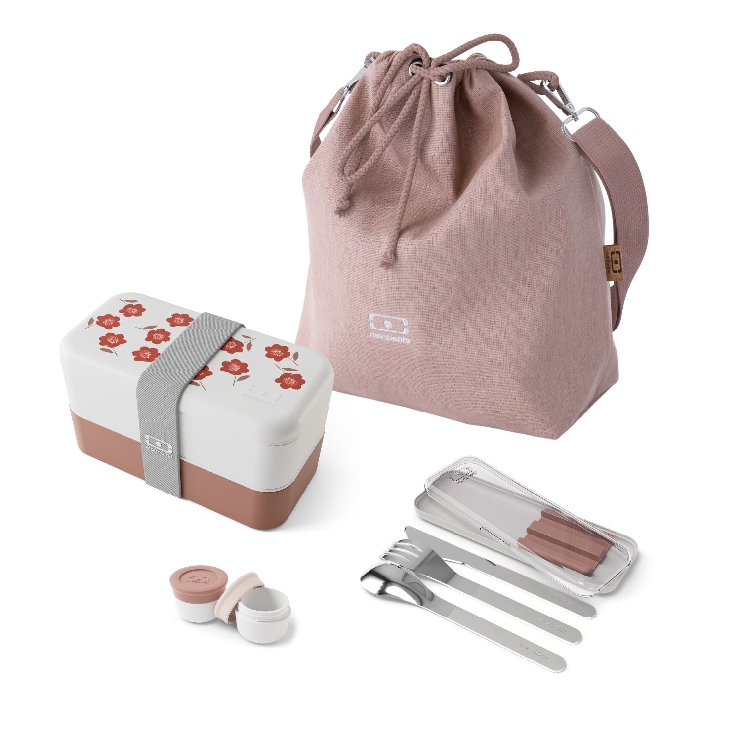 Set repas lunch box 2 étages 1L rose Poppy + accessoires Monbento - Mathon - 1