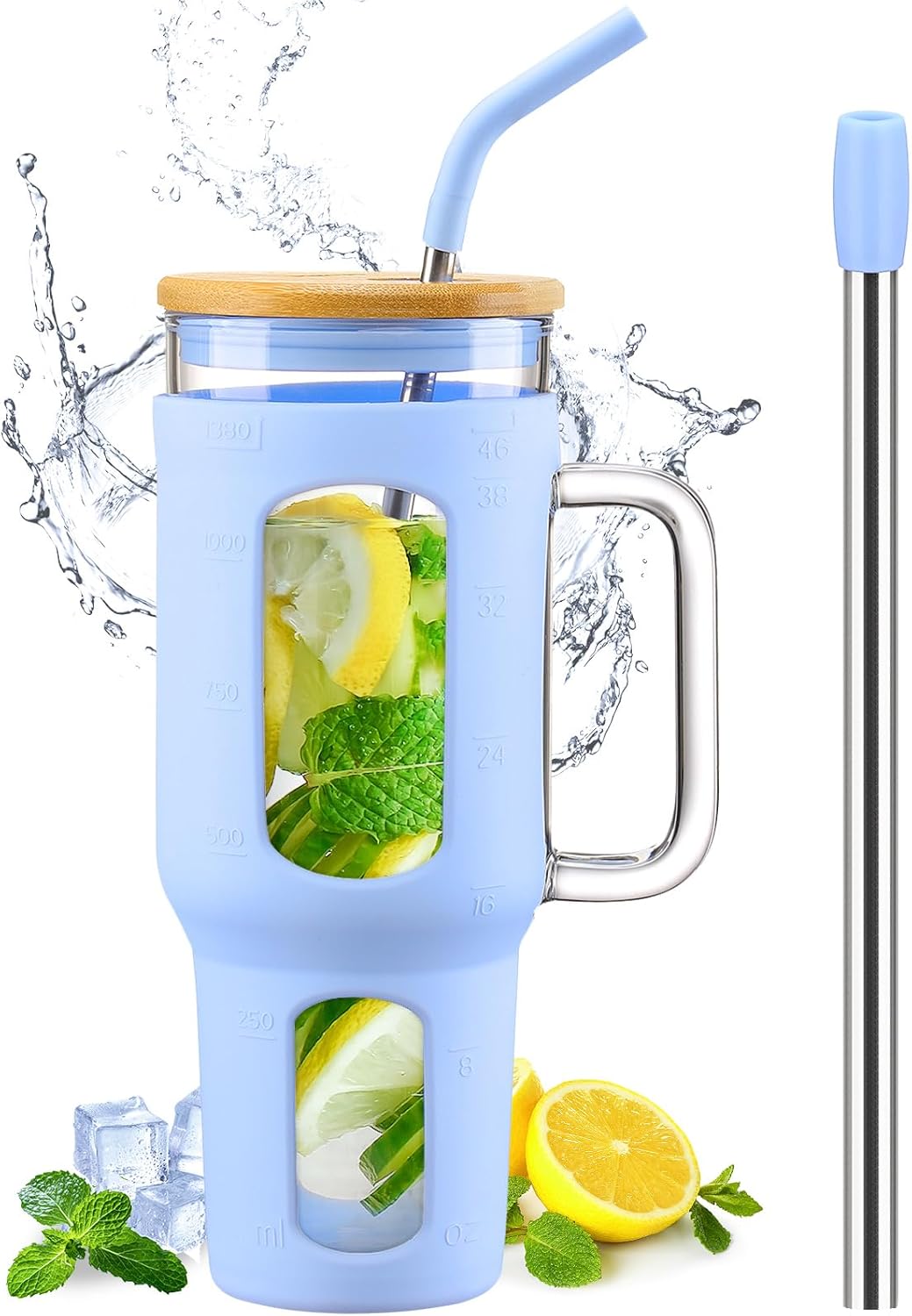 Gobelet 1,4 L avec Poignée, Couvercle Bambou & Pailles bleu clair Vendos85 - Mathon