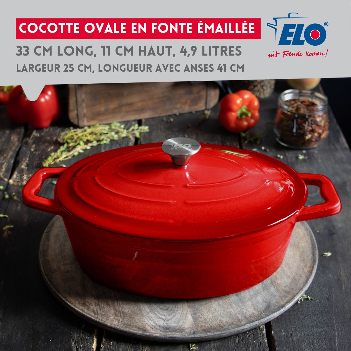 Cocotte ovale en fonte émaillée 33 cm de long rouge cerise 4,9 L Elo - Mathon - 2