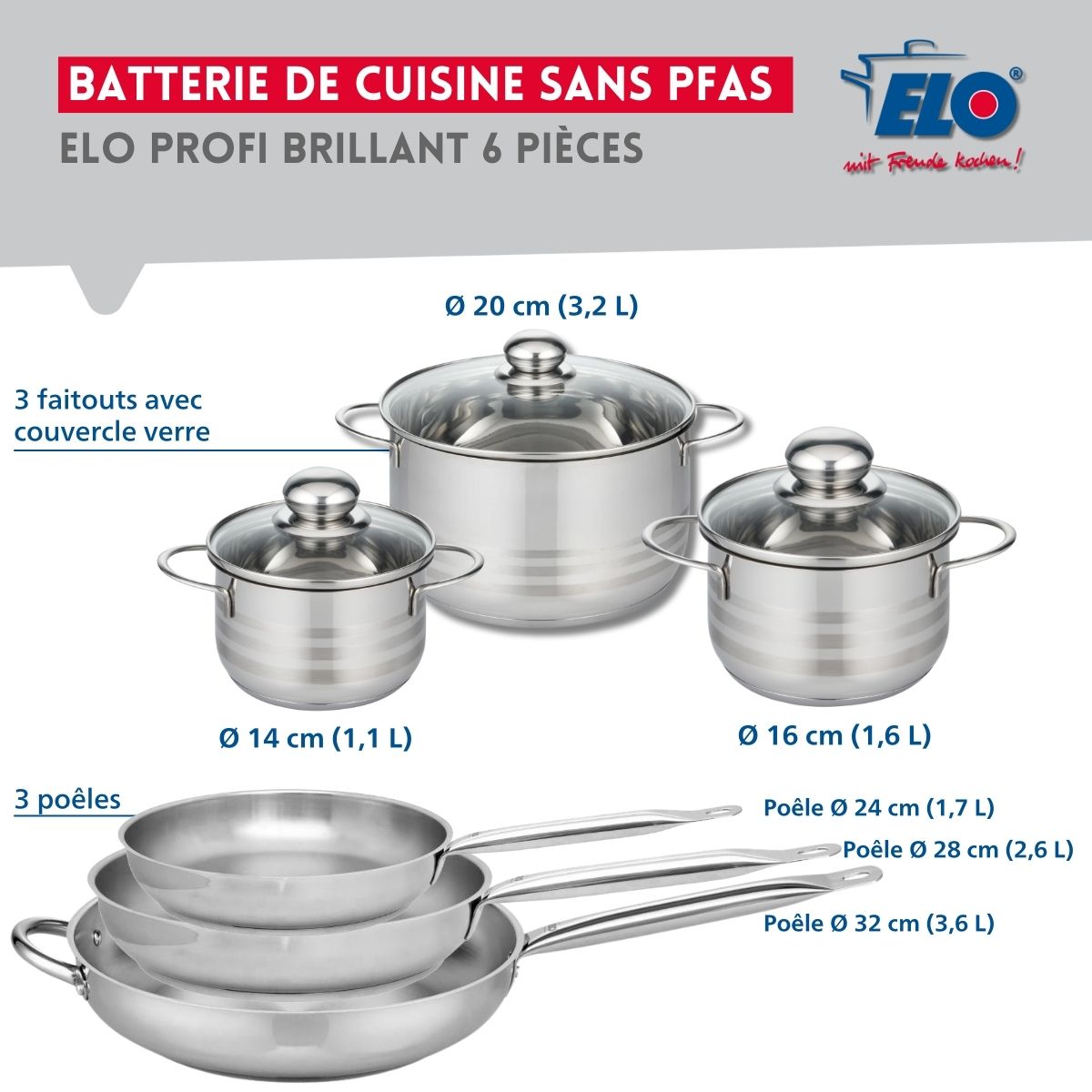 Ensemble de 3 Poêles de cuisson 24, 28 et 32 cm et 3 faitouts 14, 16 et 20 cm  Profi Brillant Elo - Mathon - 2