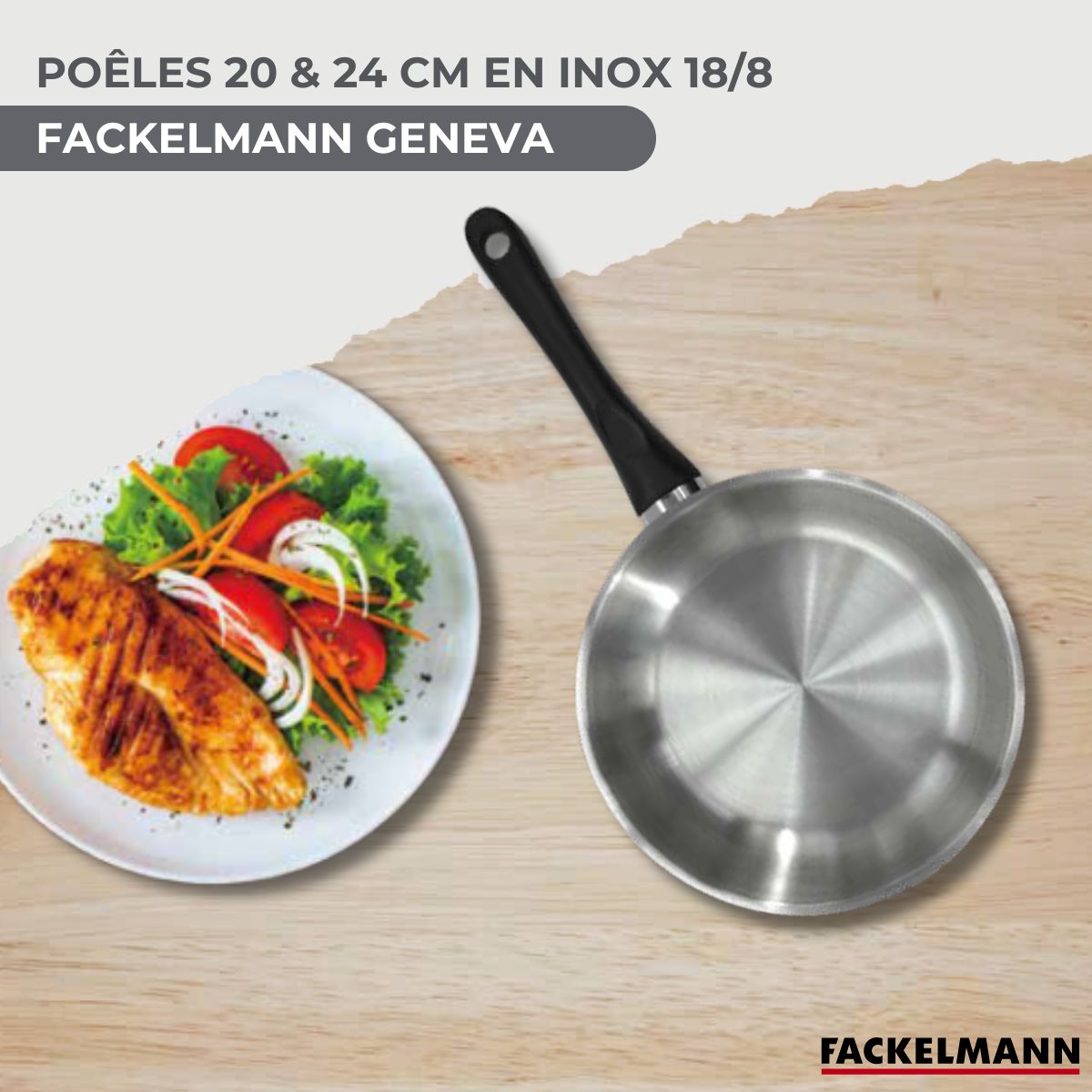 Lot Poêles inox 20/24 cm  Geneva avec couvercles et 5 ustensiles Fackelmann - Mathon - 2