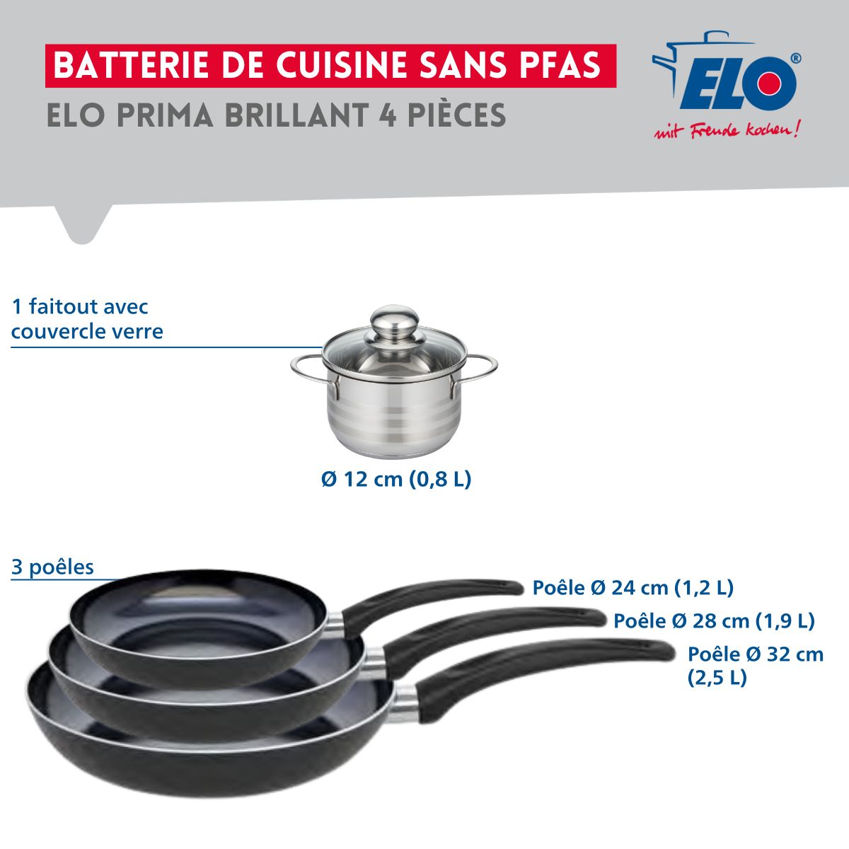 Ensemble de 3 Poêles de cuisson 24, 28 et 32 cm et 1 faitout 12 cm  Prima Brillant Elo - Mathon - 2