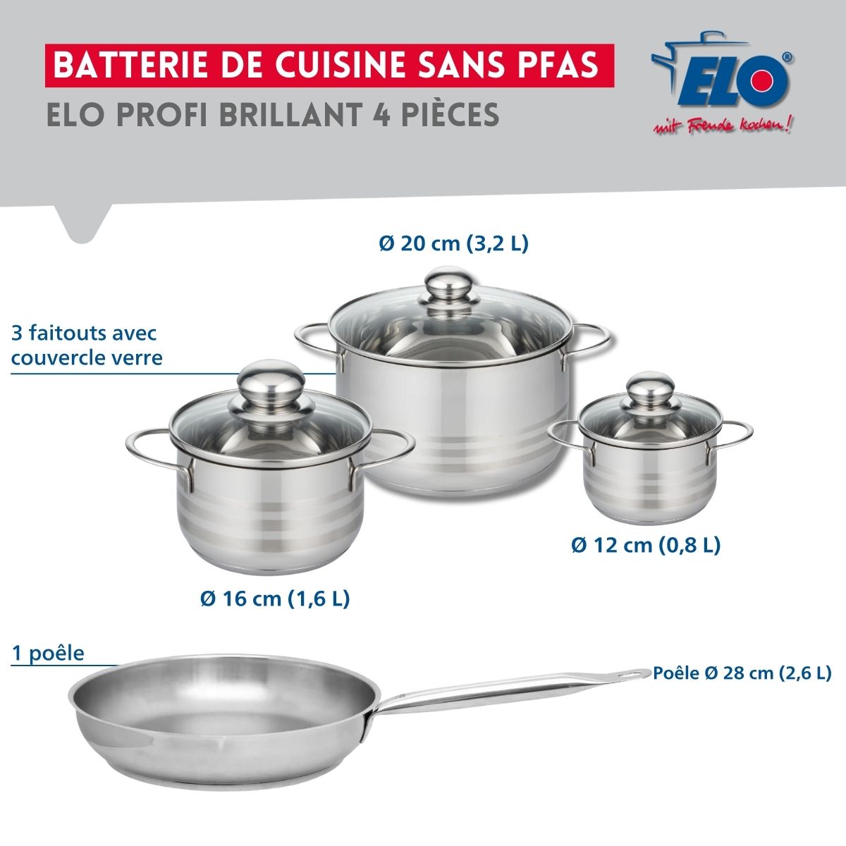 Ensemble de 1 Poêle de cuisson 28 cm et 3 faitouts 12, 16 et 20 cm  Profi Brillant Elo - Mathon - 2