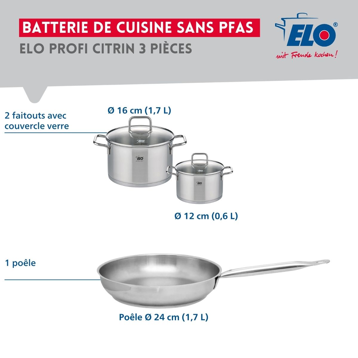 Ensemble de 1 Poêle de cuisson 24 cm et 2 faitouts 12 et 16 cm  Profi Citrin Elo - Mathon - 2