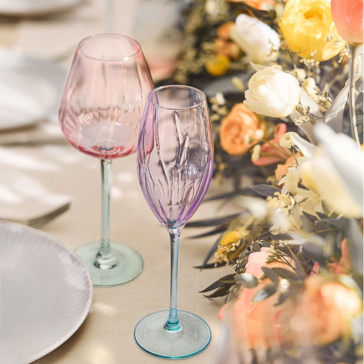 Ensemble 12 verres à pied et gobelets Swirly Spring - Cristal d