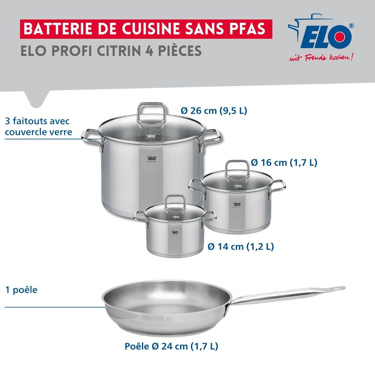 Ensemble de 1 Poêle de cuisson 24 cm et 3 faitouts 14, 16 et 26 cm  Profi Citrin Elo - Mathon - 2