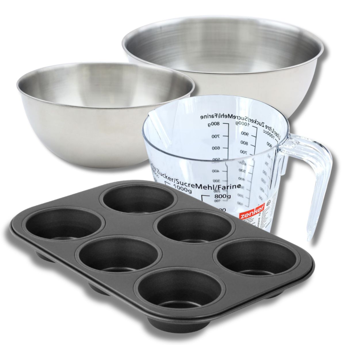 Set pâtisserie avec moule à muffins 6 empreintes 28 cm, 2 bols à mixer, verre mesureur et spatule Zenker Zenker - Mathon - 1