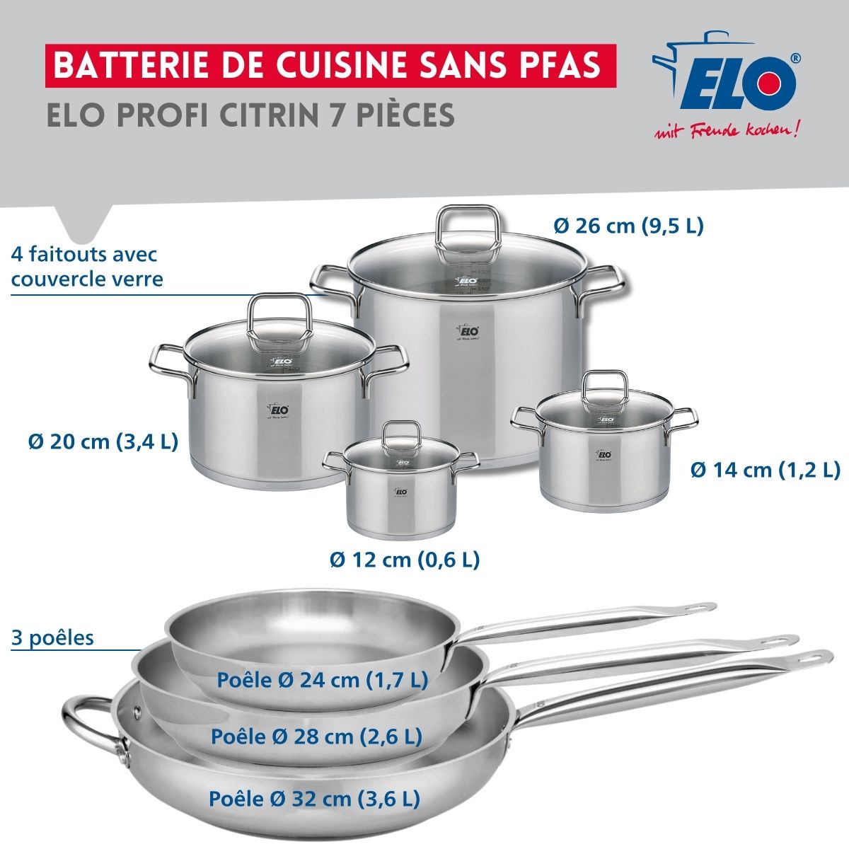 Ensemble de 3 Poêles de cuisson 24, 28 et 32 cm et 4 faitouts 12, 14, 20 et 26 cm  Profi Citrin Elo - Mathon - 2