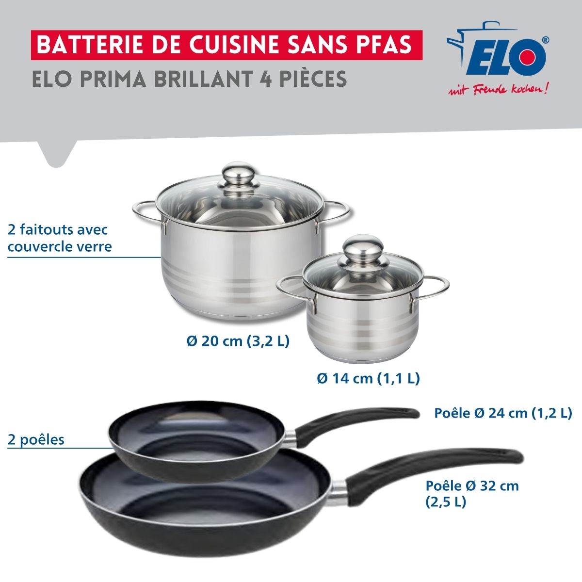 Ensemble de 2 Poêles de cuisson 24 et 32 cm et 2 faitouts 14 et 20 cm  Prima Brillant Elo - Mathon - 2