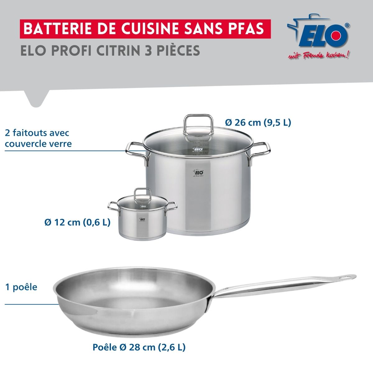 Ensemble de 1 Poêle de cuisson 28 cm et 2 faitouts 12 et 26 cm  Profi Citrin Elo - Mathon - 2