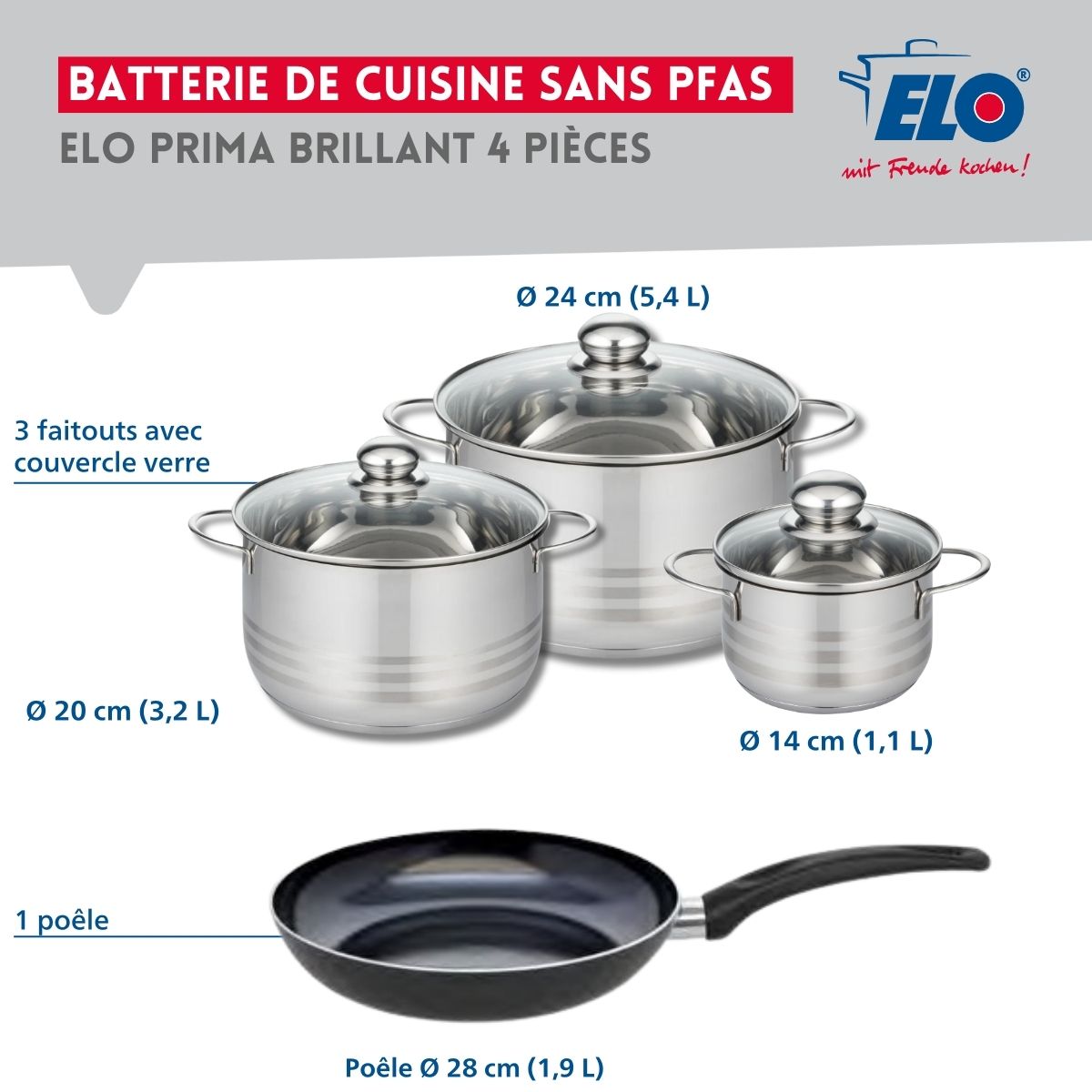 Ensemble de 1 Poêle de cuisson 28 cm et 3 faitouts 14, 20 et 24 cm  Prima Brillant Elo - Mathon - 2