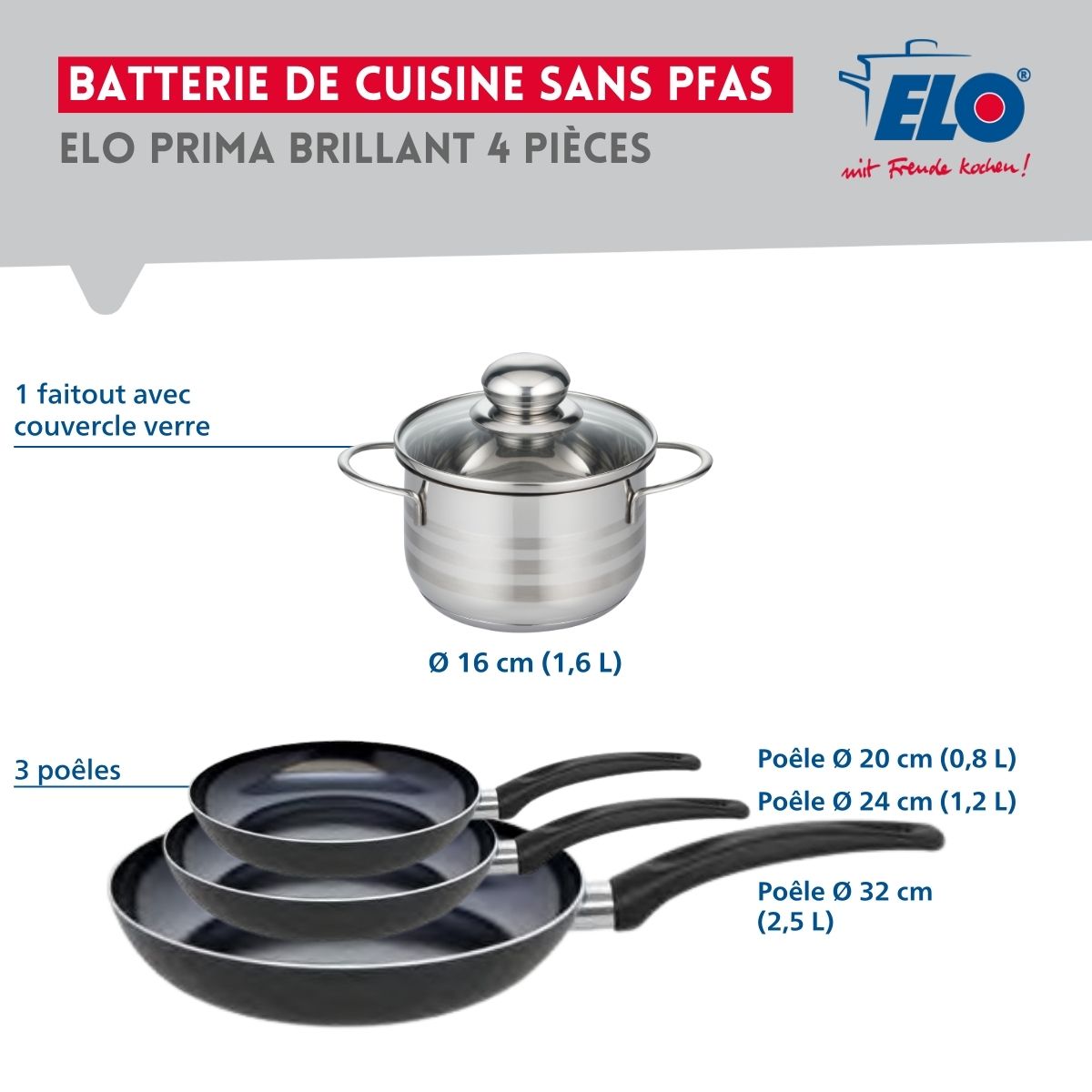 Ensemble de 3 Poêles de cuisson 20, 24 et 32 cm et 1 faitout 16 cm  Prima Brillant Elo - Mathon - 2