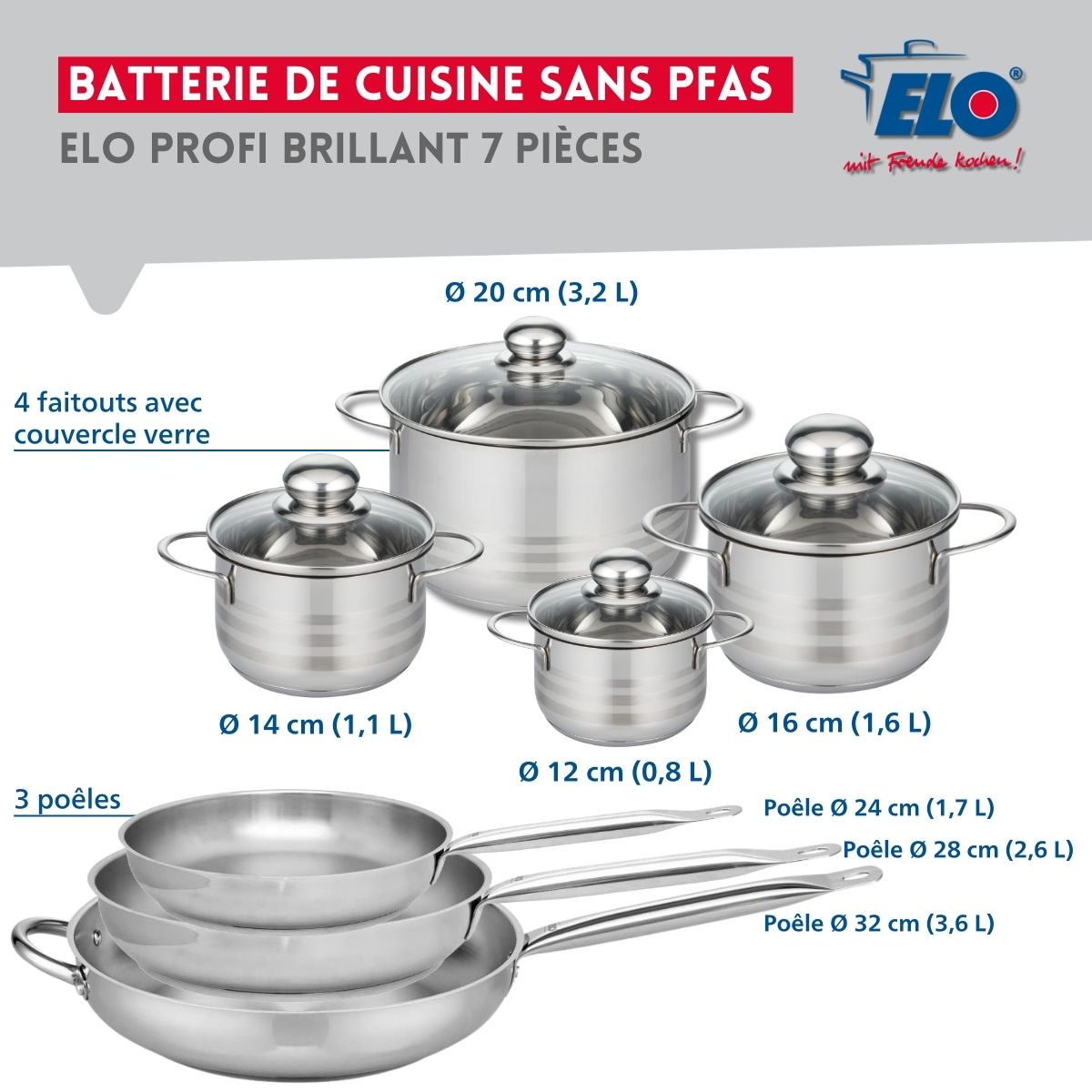 Ensemble de 3 Poêles de cuisson 24, 28 et 32 cm et 4 faitouts 12, 14, 16 et 20 cm  Profi Brillant Elo - Mathon - 2
