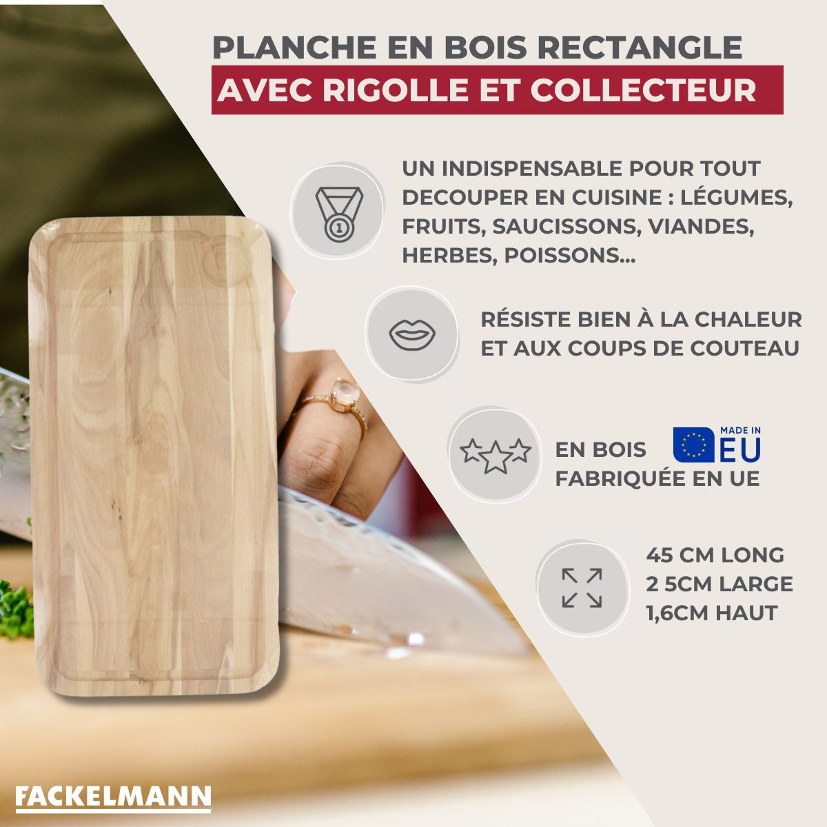 Planche à découper, hêtre avec rigolle et collecteur de sang 45 x 25 cm  Wood Edition Fackelmann - Mathon - 3