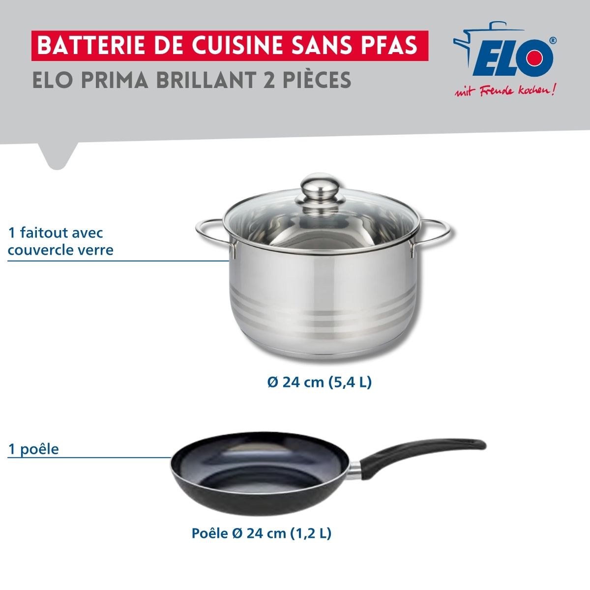 Ensemble de 1 Poêle de cuisson 24 cm et 1 faitout 24 cm  Prima Brillant Elo - Mathon - 2