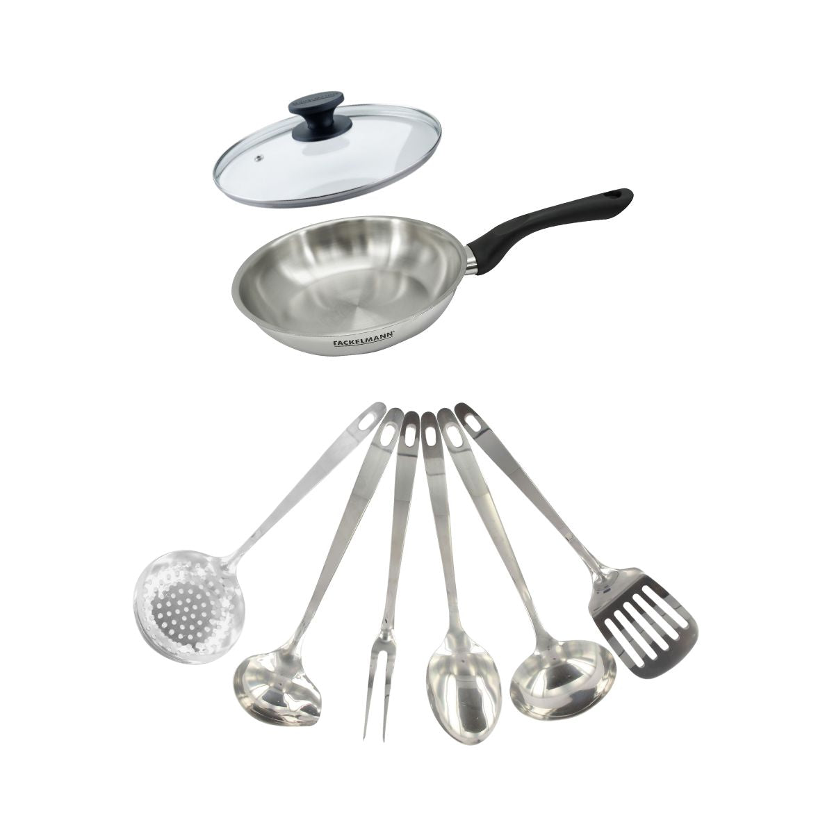 Set poêle 20 cm en inox, couvercle verre et 6 ustensiles inox  Geneva Fackelmann - Mathon - 1