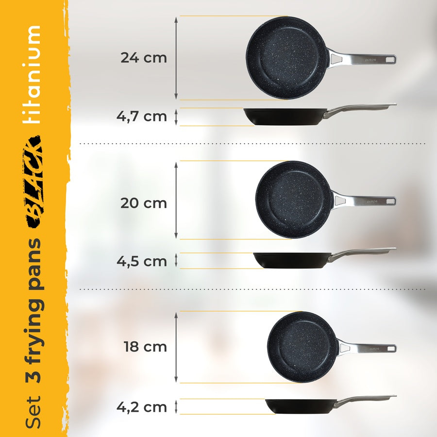Set 3 Poêles à Frire Antiadhésives à Induction 18-20-24cm, Aluminium Forgé  Noir Black Titanium - Mathon - 6