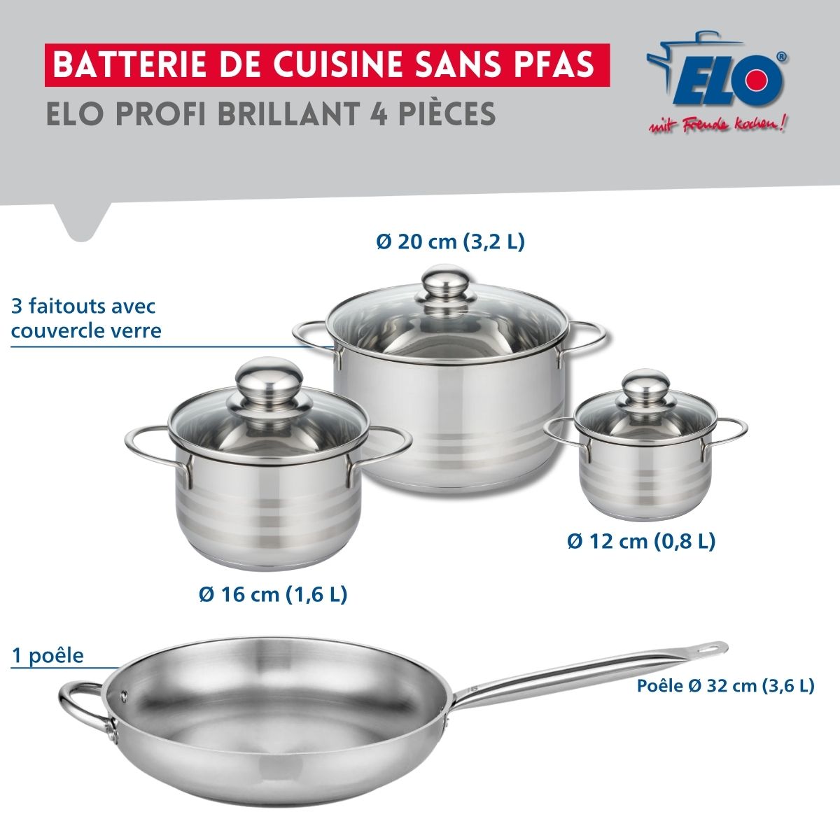 Ensemble de 1 Poêle de cuisson 32 cm et 3 faitouts 12, 16 et 20 cm  Profi Brillant Elo - Mathon - 2