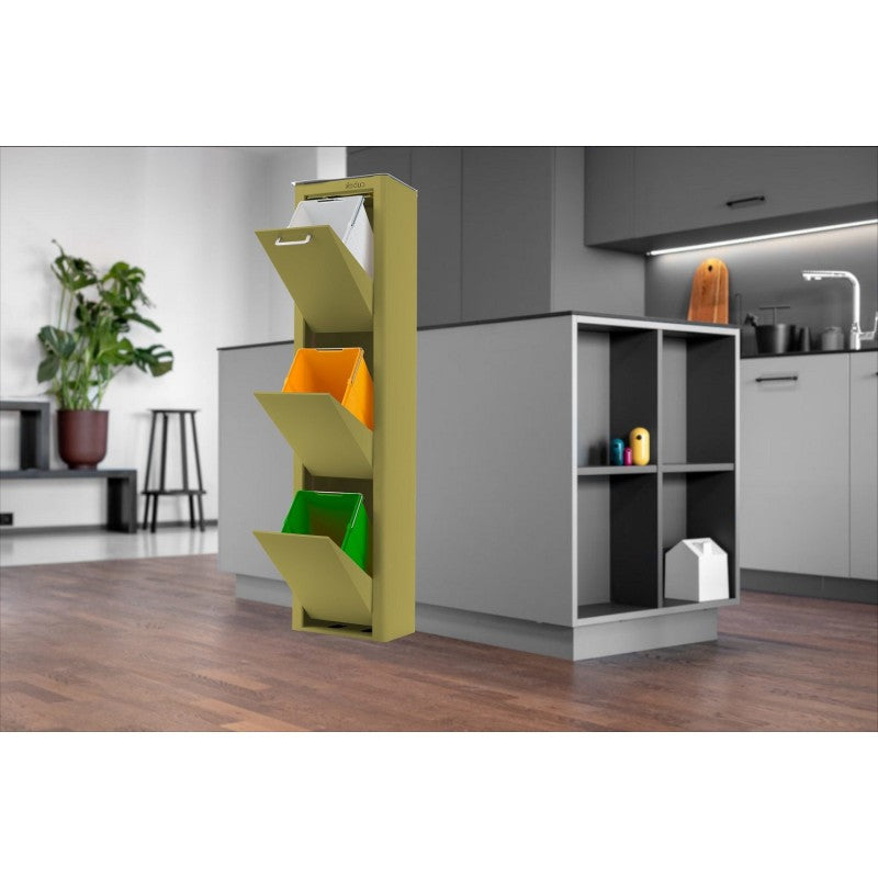 Poubelle cuisine de tri sélectif CUBEK, 3 compartiments de 20 litres, Vert olive Don Hierro - Mathon - 4