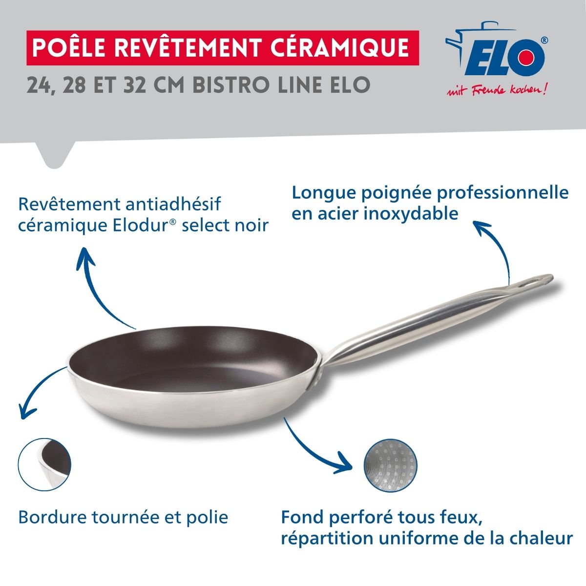 Set de 3 Poêles 24, 28 et 32 cm céramique sans PFAS Bistro Line Elo - Mathon - 3