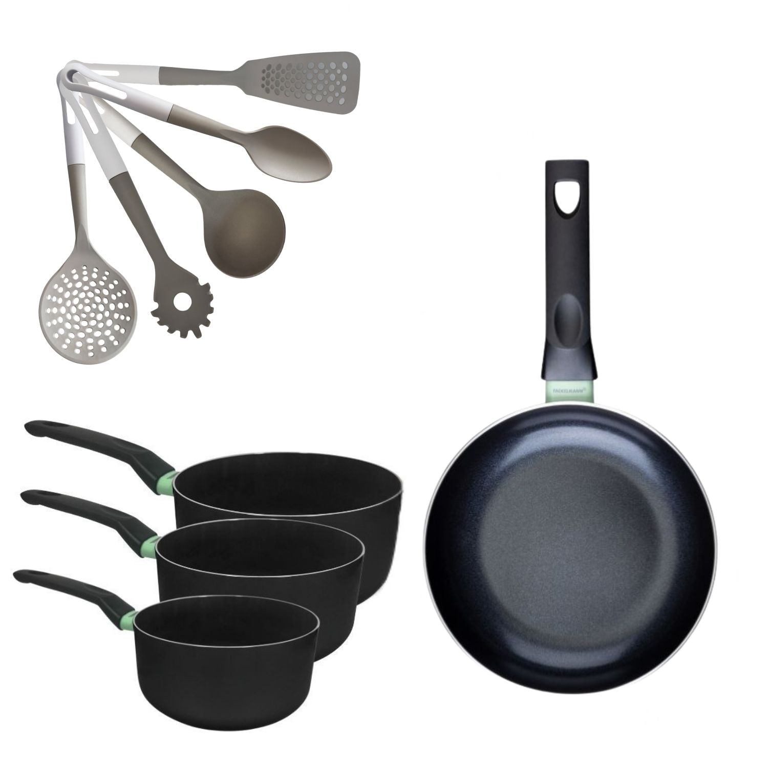 Lot Poêle 28cm et 3 Casseroles 16/18/20cm  Brandao avec 5 ustensiles Fackelmann - Mathon - 1