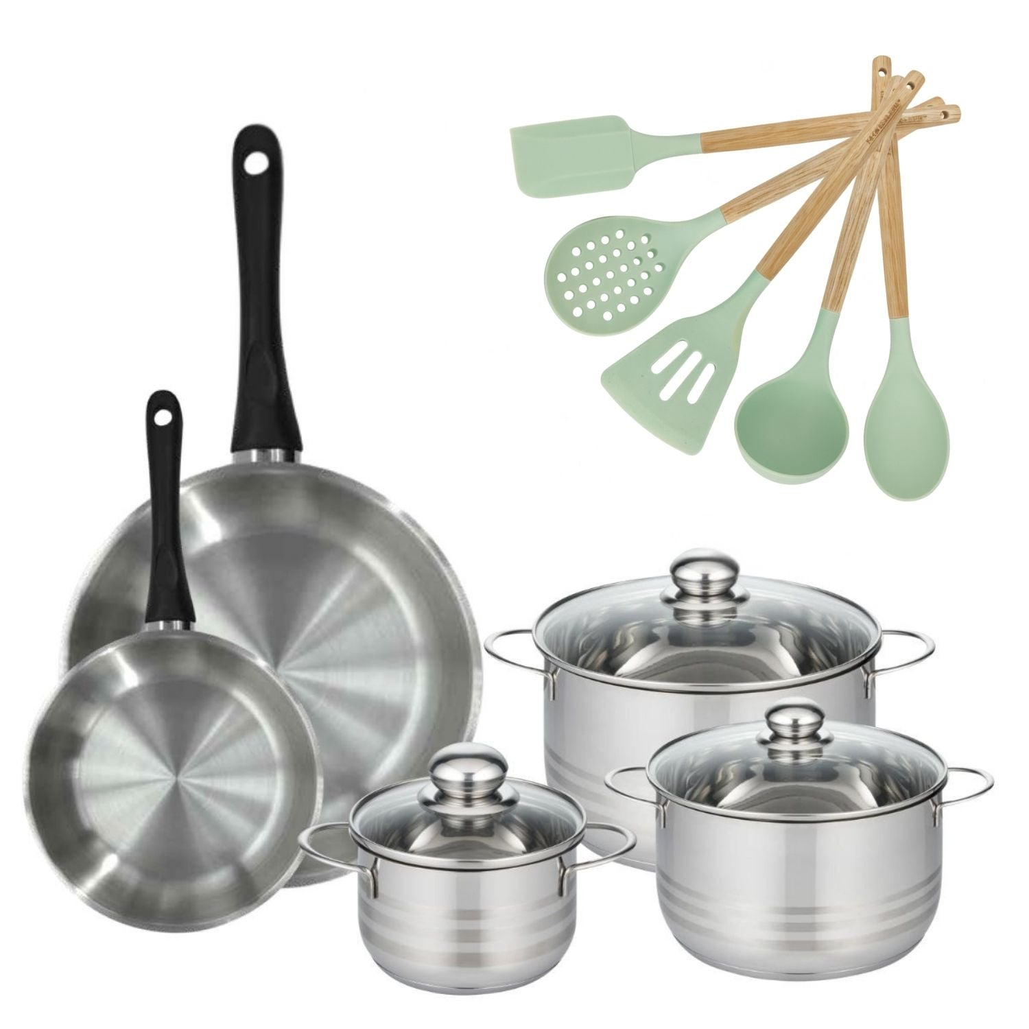 Lot 3 Faitouts 16/20/24cm et 2 Poêles 20/28cm  Généva avec 5 ustensiles Ocean Fackelmann - Mathon - 1