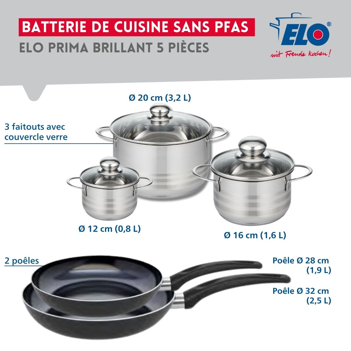 Ensemble de 2 Poêles de cuisson 28 et 32 cm et 3 faitouts 12, 16 et 20 cm  Prima Brillant Elo - Mathon - 2